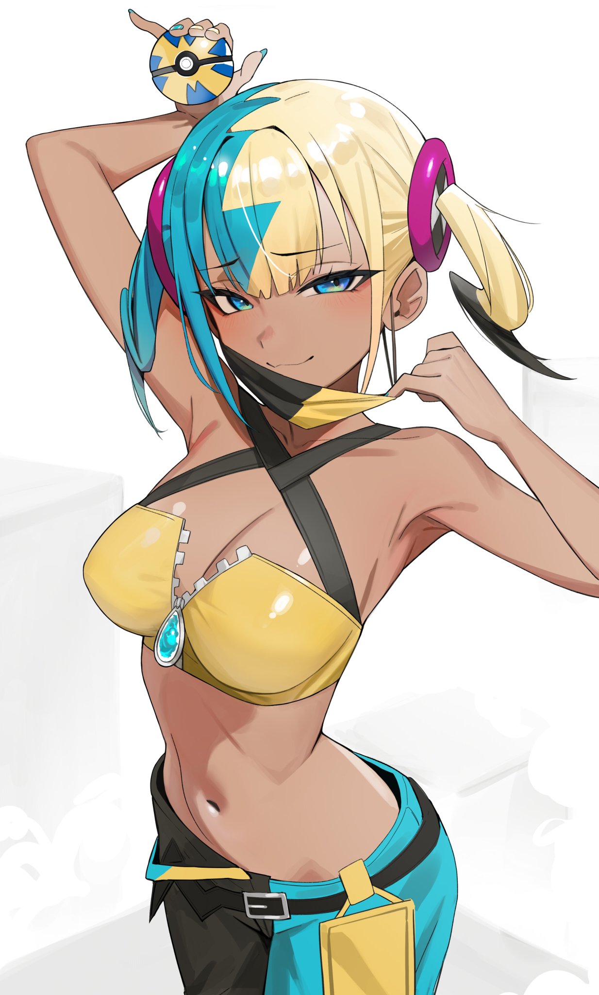 kiritzugu, canari (pokemon), nintendo, pokemon, pokemon legends: z-a, highres, 1girl, aqua hair, armpits, arms up, bare shoulders, black mask, blonde hair, blue eyes, blush, breasts, center-flap bangs, cleavage, closed mouth, collarbone, criss-cross straps, holding, holding poke ball, large breasts, looking at viewer, mask, mask pull, multicolored hair, navel, pants, partially unzipped, poke ball, quick ball, short twintails, smile, solo, split-color hair, sports bra, twintails, two-tone hair, two-tone mask, yellow mask, yellow sports bra