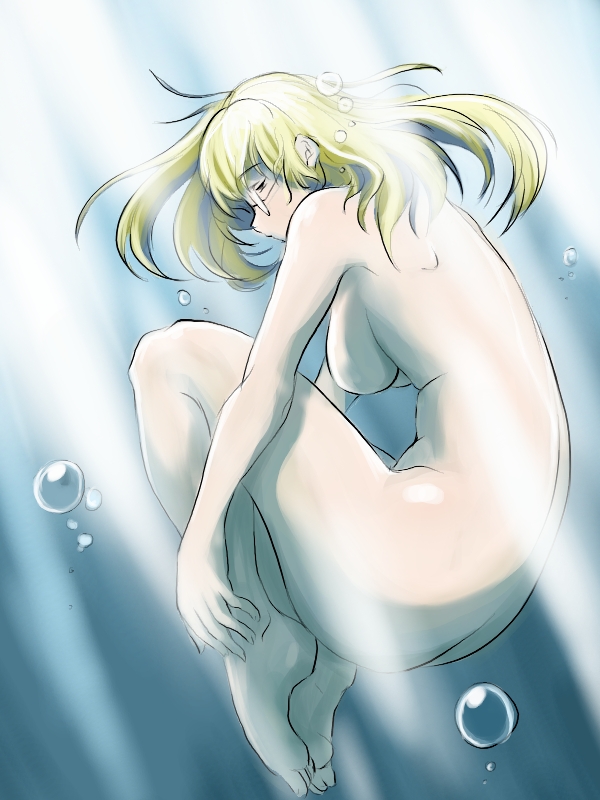 saruanu, original, bad id, bad pixiv id, ass, barefoot, blonde hair, breasts, feet, fetal position, glasses, hugging own legs, long hair, nude, plantar flexion, solo, underwater, water