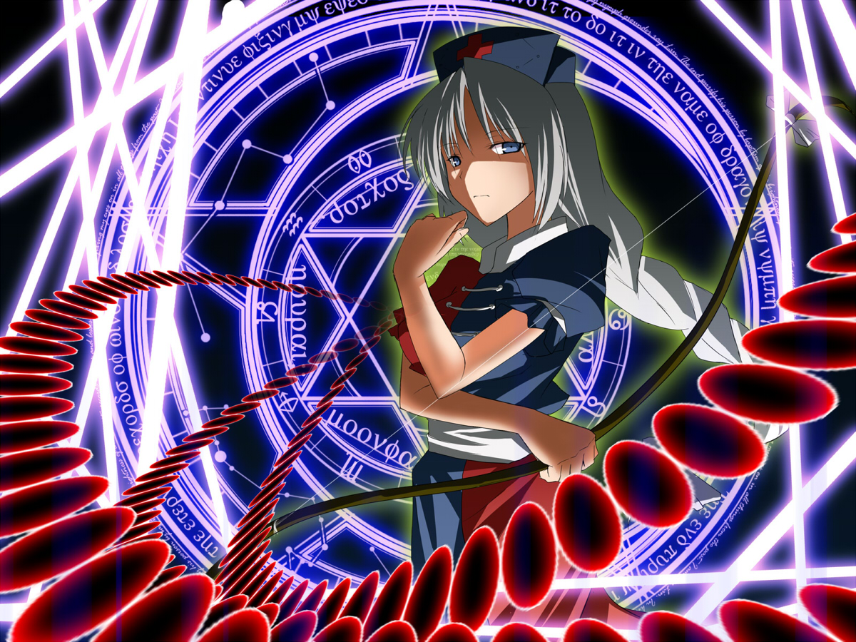 kasu kazu, yagokoro eirin, touhou, silver hair, 1girl, aquarius (symbol), blue eyes, bow (weapon), braid, cancer (symbol), capricorn (symbol), danmaku, female focus, hat, hexagram, leo (symbol), long hair, magic circle, nurse cap, pisces (symbol), sagittarius (symbol), scorpio (symbol), scorpius (constellation), single braid, solo, weapon