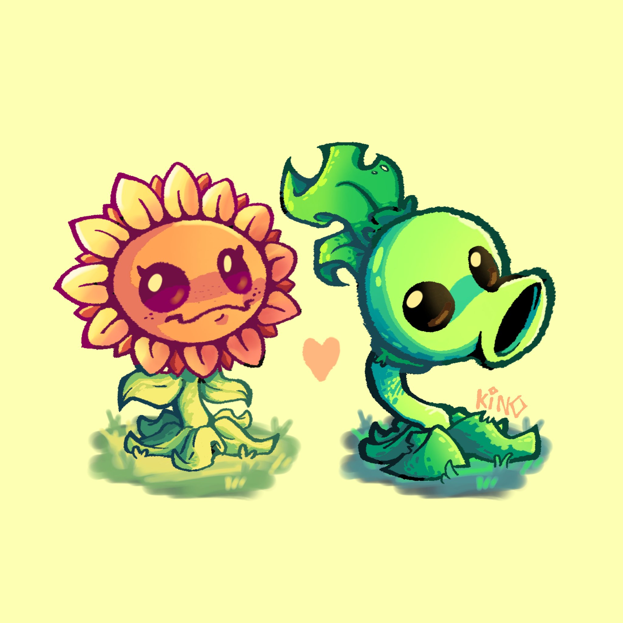 kinomotoroka, peashooter (plants vs. zombies), sunflower (plants vs. zombies), plants vs. zombies, highres, artist name, heart, no humans, plant, simple background, yellow background