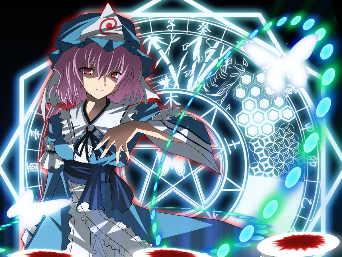 kasu kazu, saigyouji yuyuko, touhou, 1girl, bug, butterfly, danmaku, female focus, glowing, hat, insect, magic circle, pentagram, pink hair, red eyes, short hair, smile, solo