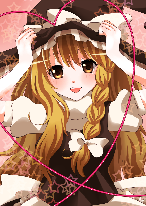 purin jiisan, kirisame marisa, touhou, bad id, bad pixiv id, 1girl, blonde hair, braid, female focus, hand on headwear, hands on headwear, hat, heart, long hair, open mouth, smile, solo, witch, witch hat, yellow eyes