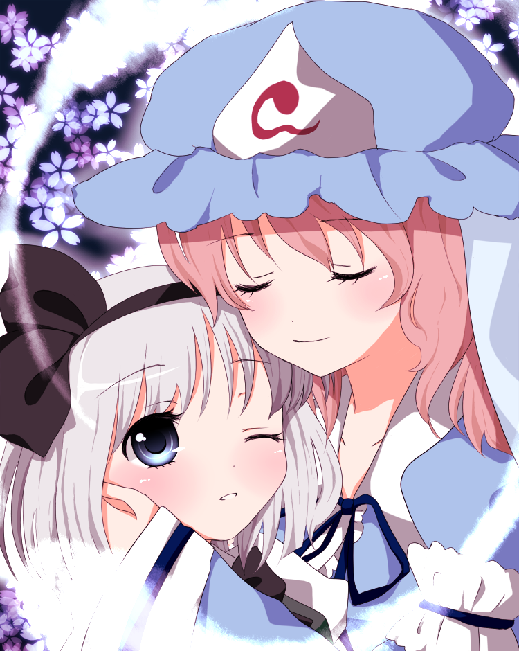purin jiisan, konpaku youmu, konpaku youmu (ghost), saigyouji yuyuko, touhou, silver hair, bad id, bad pixiv id, 2girls, closed eyes, female focus, hat, hitodama, hug, multiple girls, pink hair, ribbon