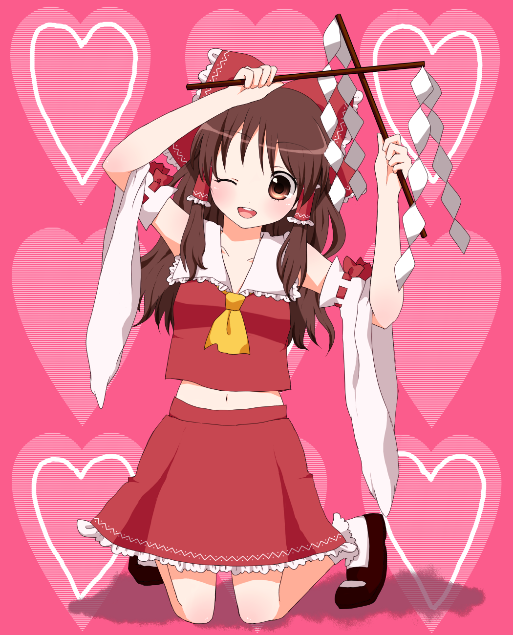 purin jiisan, hakurei reimu, imperishable night, touhou, bad id, bad pixiv id, highres, 1girl, ;d, brown hair, detached sleeves, female focus, gohei, heart, japanese clothes, kneeling, midriff, miko, navel, one eye closed, open mouth, smile, solo, wink