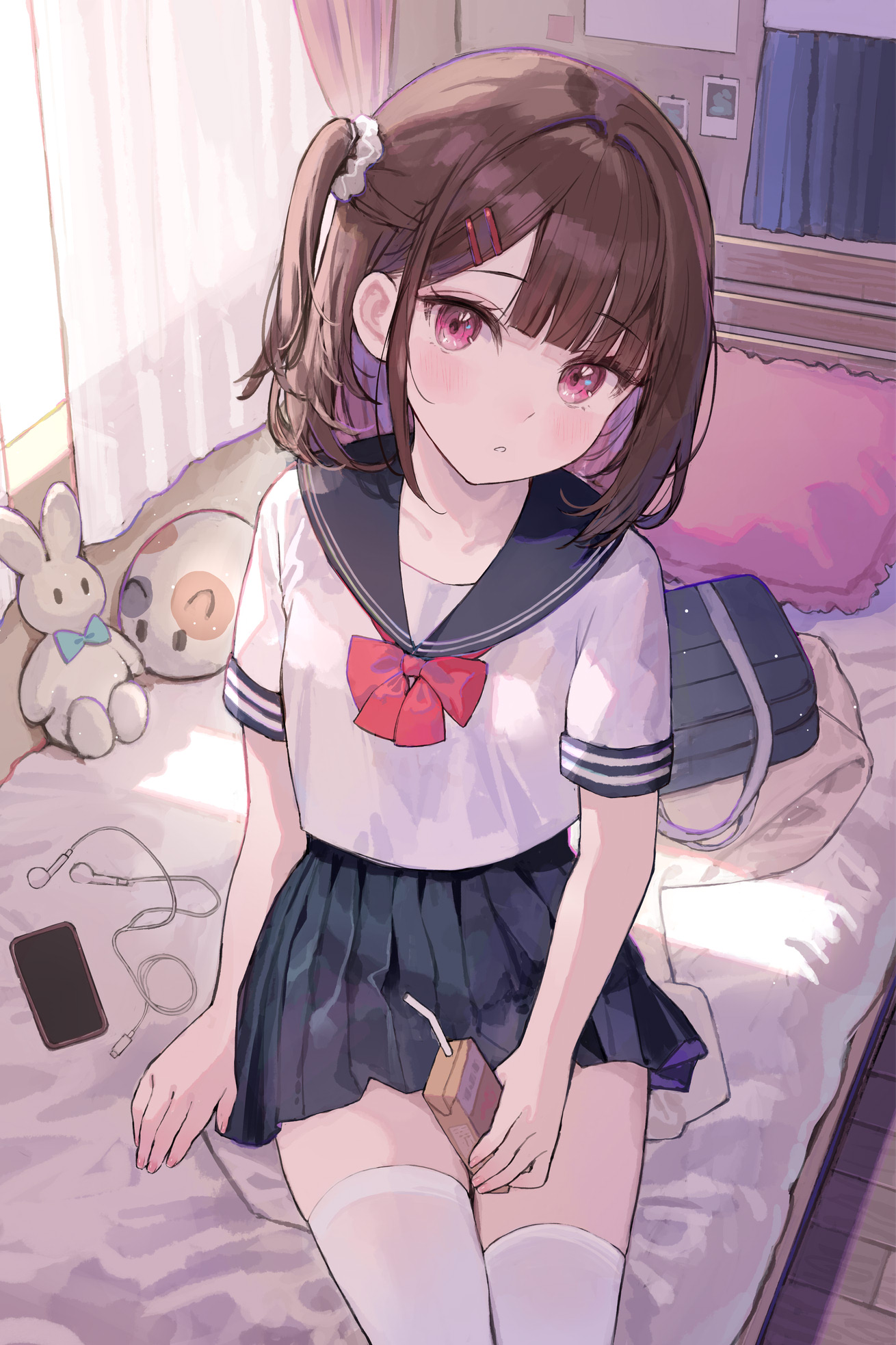 arl, original, highres, 1girl, bag, bed, blue sailor collar, blue skirt, blush, bow, breasts, brown hair, collarbone, curtains, earbuds, earphones, hair between eyes, hair ornament, hair scrunchie, hairclip, juice box, looking at viewer, medium hair, misleading thumbnail, on bed, parted lips, phone, pillow, pleated skirt, purple eyes, red bow, sailor collar, school bag, scrunchie, shirt, short sleeves, sitting, skirt, solo, stuffed animal, stuffed toy, thighhighs, unworn bag, white shirt, white thighhighs, window, zettai ryouiki