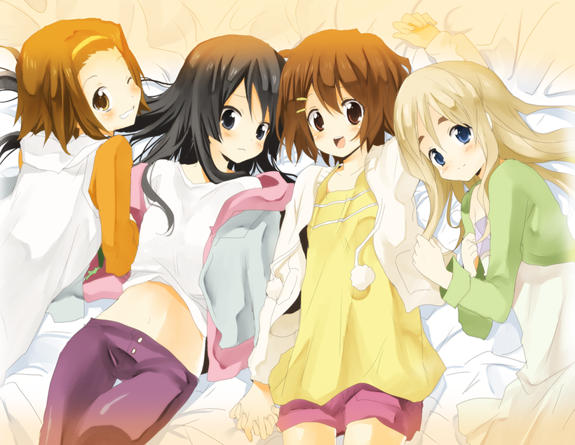 kurot, akiyama mio, hirasawa yui, kotobuki tsumugi, tainaka ritsu, k-on!, bad id, bad pixiv id, 00s, 4girls, ho-kago tea time, lying, midriff, multiple girls