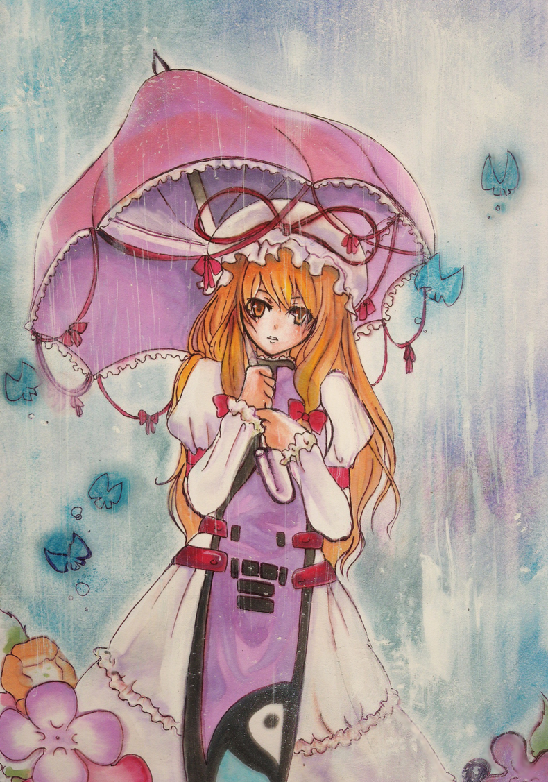 shigure.k, shironeco, yakumo yukari, touhou, bad id, bad pixiv id, 1girl, blonde hair, bug, butterfly, dress, female focus, flower, gradient background, hat, insect, nature, outdoors, plant, rain, ribbon, solo, umbrella, white background