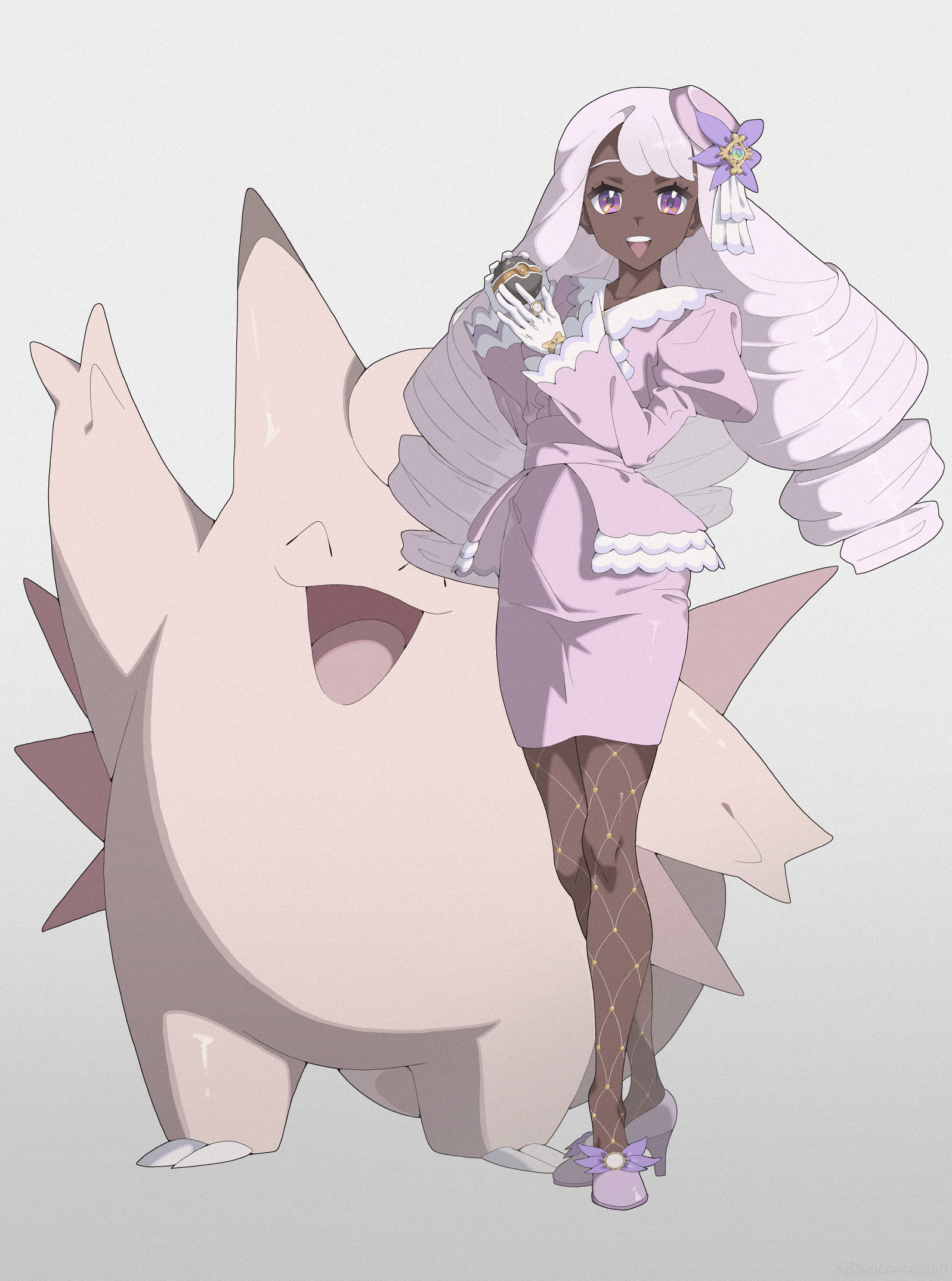 kmconceptart, clefairy, jacinthe (pokemon), nintendo, pokemon, pokemon legends: z-a, highres, 1girl, ^ ^, ascot, closed eyes, dark-skinned female, dark skin, dress, fascinator, fishnet pantyhose, fishnets, frilled ascot, frills, full body, gen 1 pokemon, gloves, gradient background, grey eyes, hair ornament, holding, holding poke ball, jewelry, juliet sleeves, long hair, long sleeves, looking at viewer, low drills, luxury ball, mega stone, open mouth, pantyhose, pink hair, poke ball, pokemon (creature), puffy sleeves, purple dress, purple eyes, simple background, skirt, strapless, strapless dress, teeth, tube dress, upper teeth only, very dark skin, white gloves