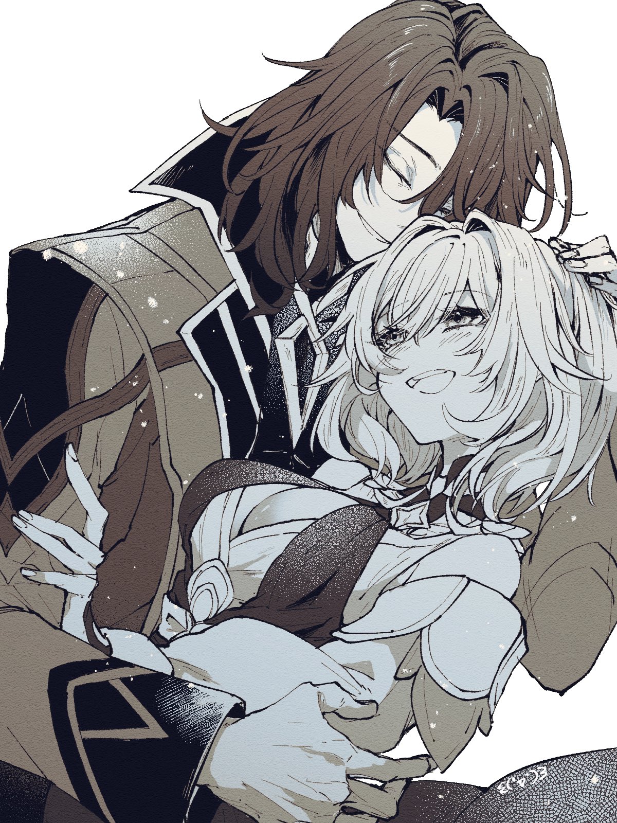 rerir (genshin impact), genshin impact, highres, 1boy, 1girl, ambystomaknell, breasts, dress, hair between eyes, happy, hug, large breasts, laughing, long sleeves, medium hair, tholindis (genshin impact)