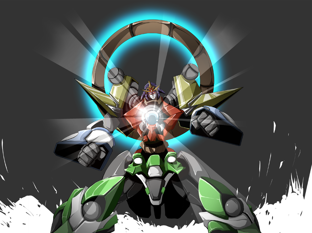 fujy, kochiya sanae, moriya suwako, yasaka kanako, touhou, aiming, aiming at viewer, clenched hands, gattai, glowing, glowing eyes, grey background, head tilt, legs apart, light rays, looking at viewer, mecha, mechanization, no humans, red eyes, robot, simple background, standing