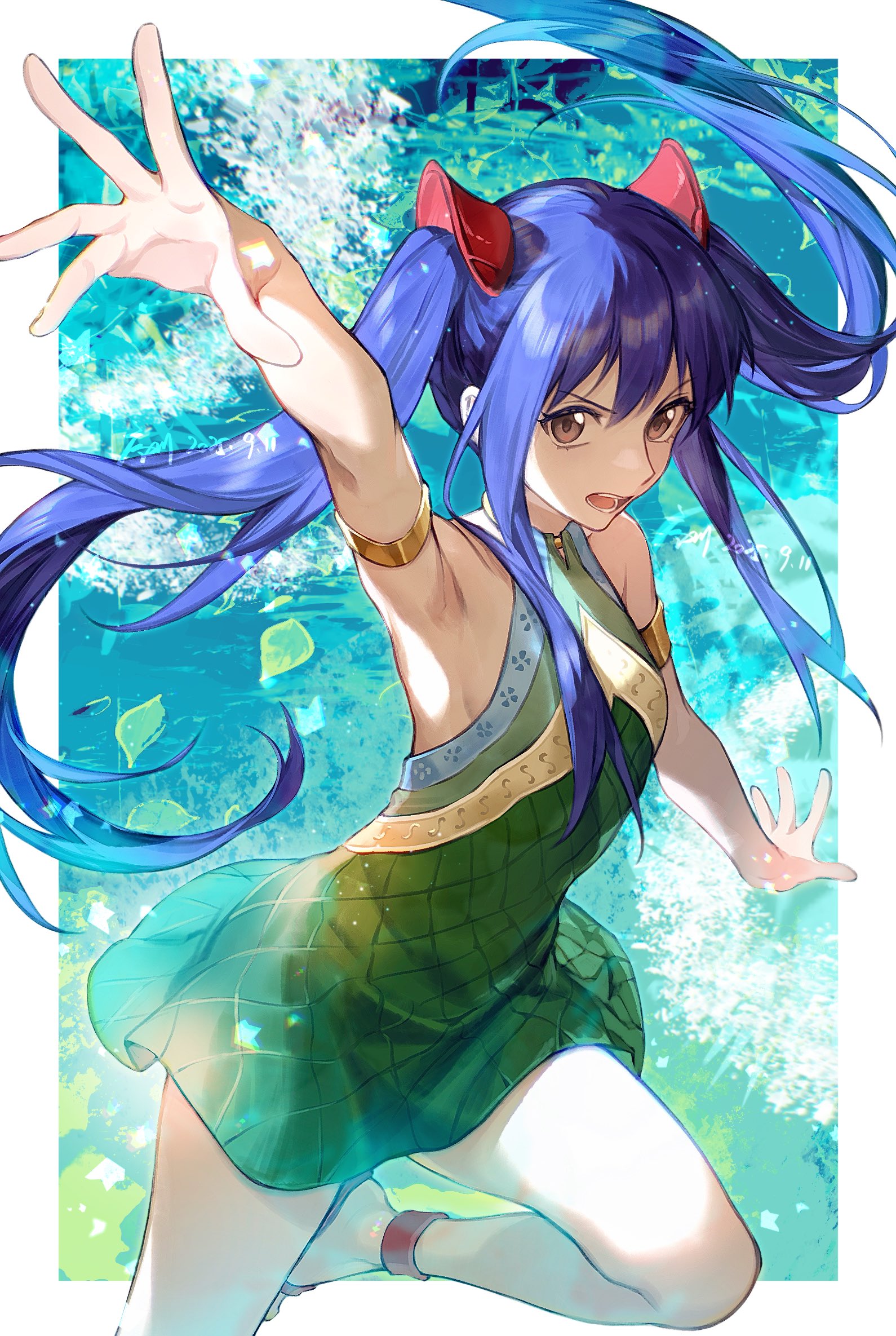 xuchuan, wendy marvell, fairy tail, commentary, highres, 1girl, arm up, armpits, artist name, blue hair, border, brown eyes, dated, dress, green dress, knee up, long hair, looking at viewer, open mouth, outside border, outstretched arms, outstretched hand, sidelocks, solo, very long hair, white border
