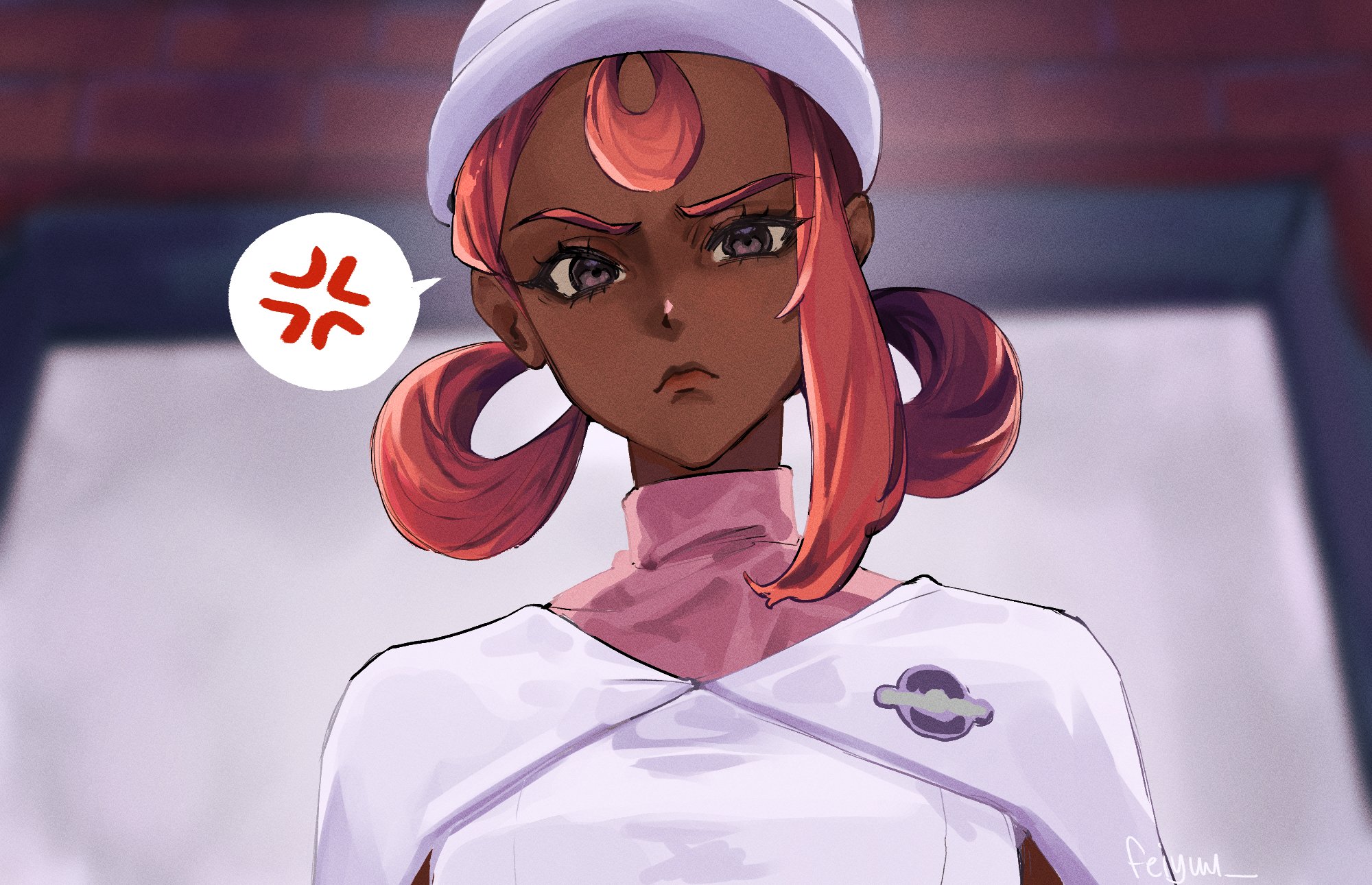 feiyuu, joy (pokemon), joy (pokemon legends: z-a), nintendo, pokemon, pokemon legends: z-a, highres, 1girl, anger vein, dark-skinned female, dark skin, frown, hair rings, indoors, looking at viewer, looking down, portrait, red hair, short hair, single sidelock, solo, spoken anger vein, v-shaped eyebrows, very dark skin