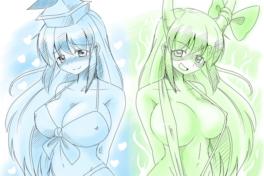 eien no sai tori, ex-keine, kamishirasawa keine, touhou, bad id, bad pixiv id, 2girls, bikini, bow, breasts, covered erect nipples, dual persona, female focus, hat, horns, huge breasts, long hair, monochrome, multiple girls, naughty face, navel, shy, slingshot swimsuit, smile, standing, swimsuit
