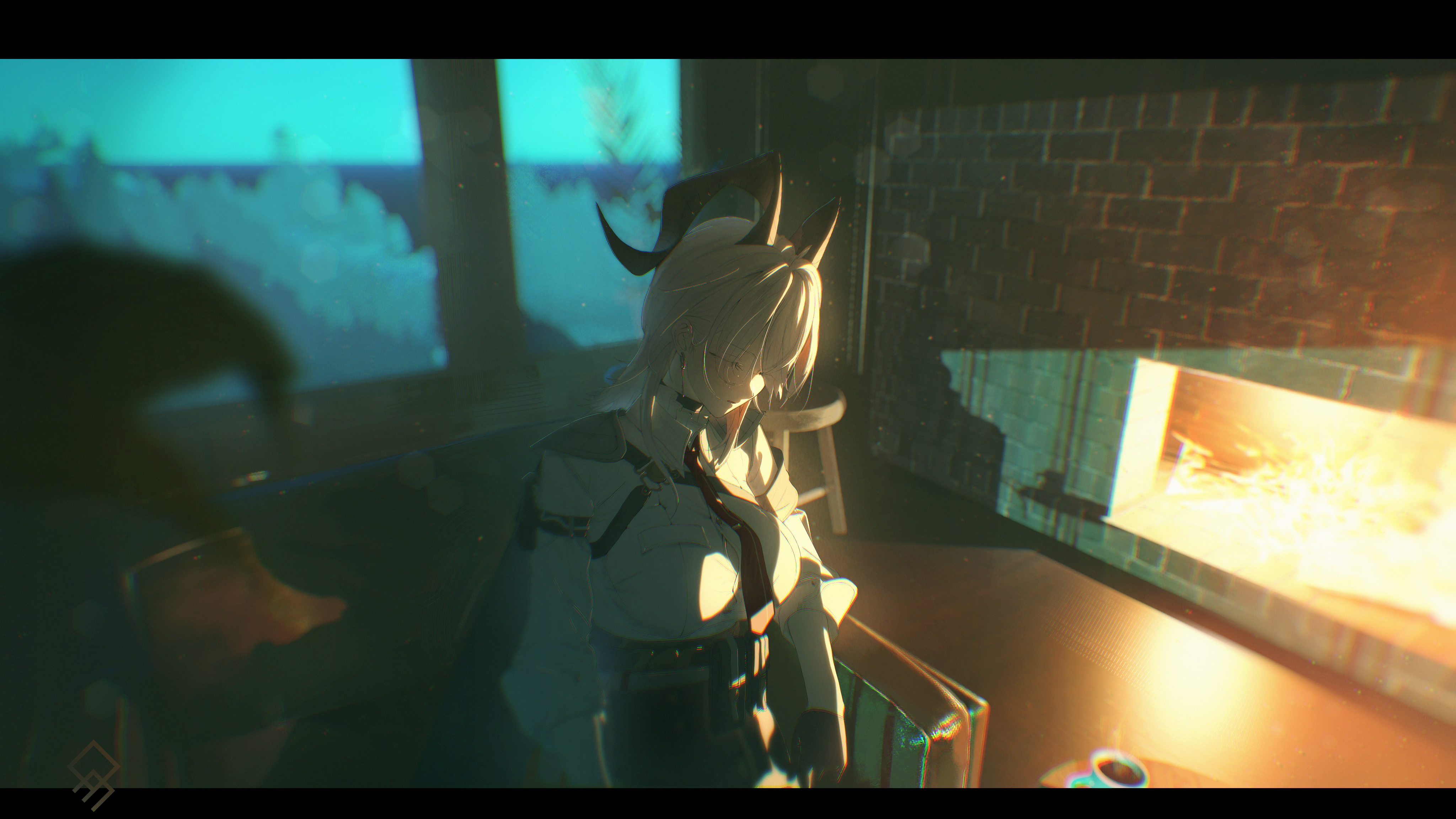 quragenomiken, zani (wuthering waves), wuthering waves, absurdres, commentary, commentary request, english commentary, highres, mixed-language commentary, partial commentary, 1girl, artist logo, black choker, black gloves, black horns, black jacket, black pants, blurry, blurry foreground, breasts, chest harness, choker, closed eyes, closed mouth, coffee mug, collared shirt, cup, curled horns, earrings, fireplace, gloves, harness, high-waist pants, horns, indoors, jacket, jacket on shoulders, jewelry, key earrings, large breasts, letterboxed, logo, long hair, mug, necktie, pants, red necktie, shirt, shirt tucked in, sleeping, solo, white shirt