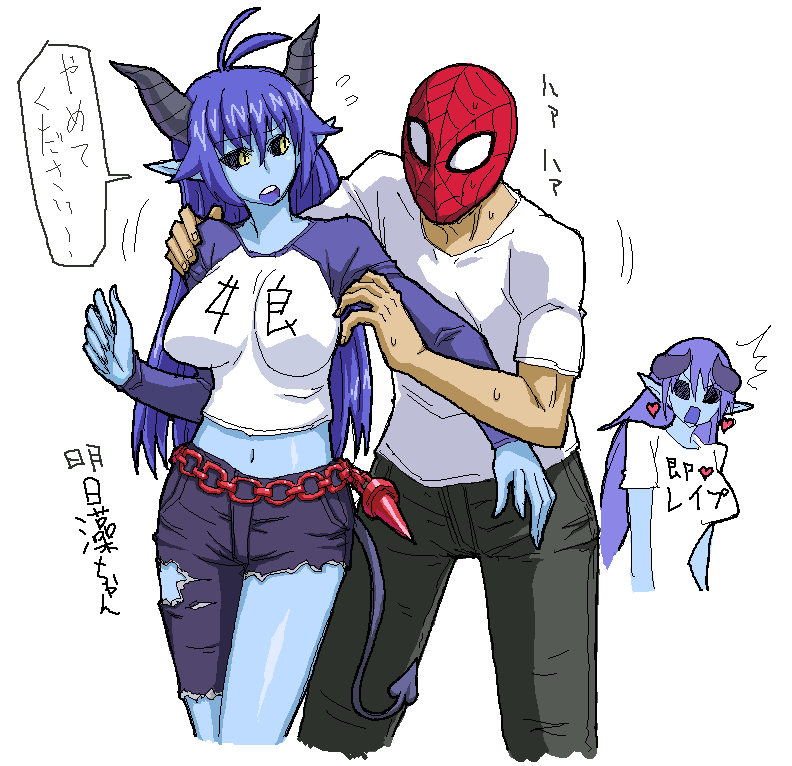 kenchi, asmodeus (shinrabanshou), astaroth (shinrabanshou), spider-man, futaba channel, marvel, shinrabanshou, spider-man (series), translated, 1boy, 2girls, ^^^, black sclera, blue hair, blue skin, breasts, clothes writing, colored sclera, colored skin, demon girl, demon tail, denim, earrings, heart, heart earrings, horns, jeans, jewelry, large breasts, long hair, multiple girls, oekaki, pants, pointy ears, raglan sleeves, surprised, tail, torn clothes, yellow eyes