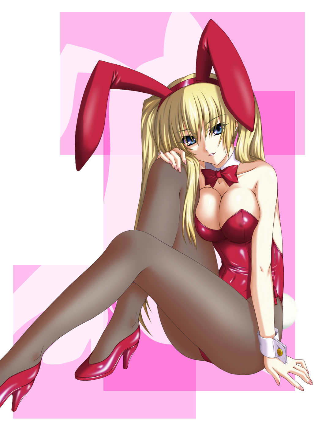 nonbei, original, highres, 1girl, animal ears, blonde hair, blue eyes, breasts, cleavage, covered erect nipples, fake animal ears, female focus, large breasts, long hair, nail polish, pantyhose, playboy bunny, rabbit ears, sitting, solo, twintails
