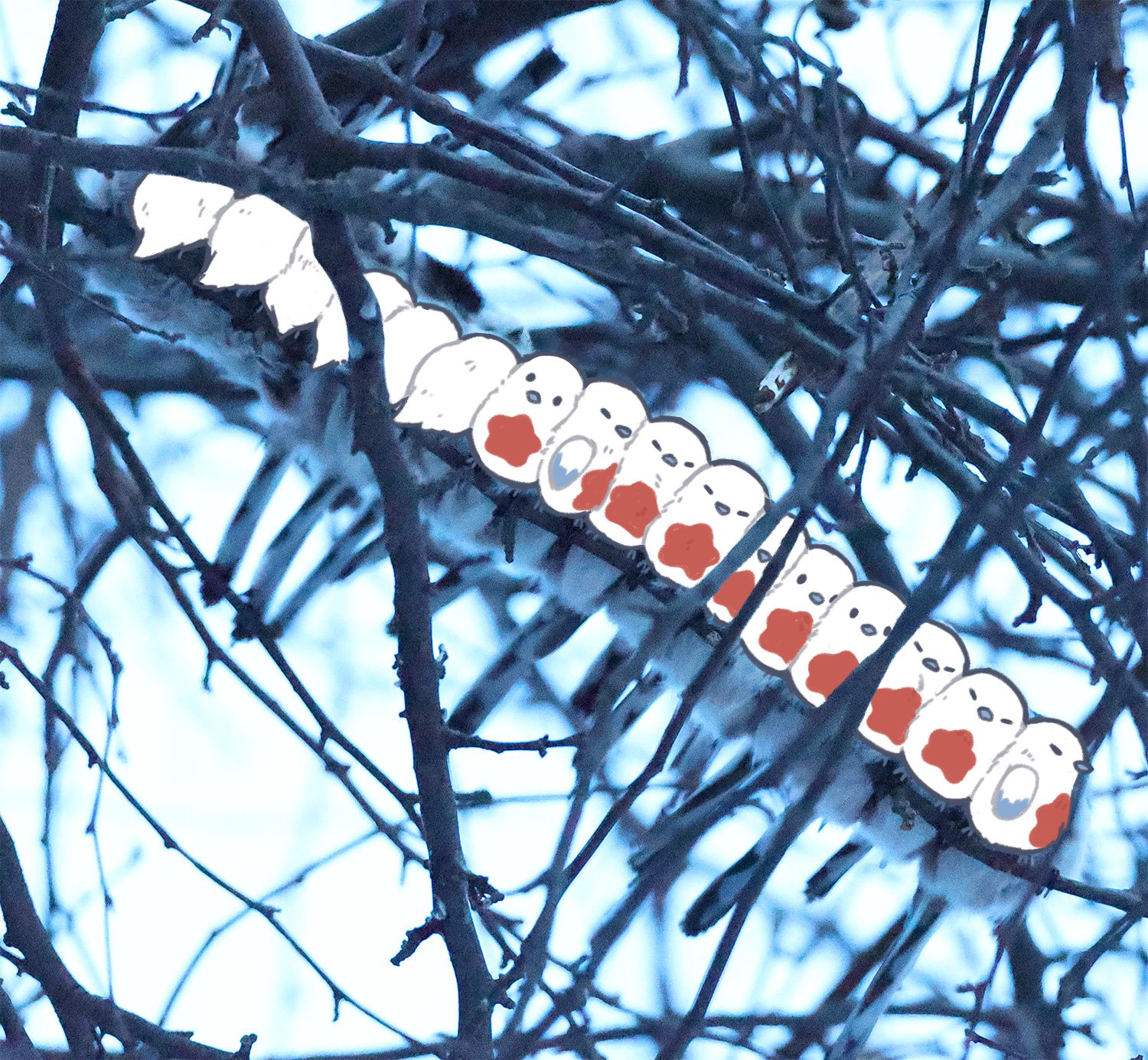 punishing bird, lobotomy corporation, project moon, highres, animal focus, bare tree, beak, bird, branch, closed eyes, day, huddle, lanmei012, no humans, outdoors, photo background, squishing, tree, winter
