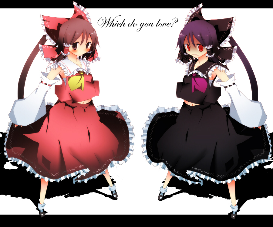 pasutel, hakurei reimu, immaterial and missing power, touhou, bad id, bad pixiv id, 1girl, alternate color, detached sleeves, dual persona, english text, female focus, foreshortening, japanese clothes, letterboxed, miko, multiple views, navel, palette swap, shadow, standing, symmetry, white background