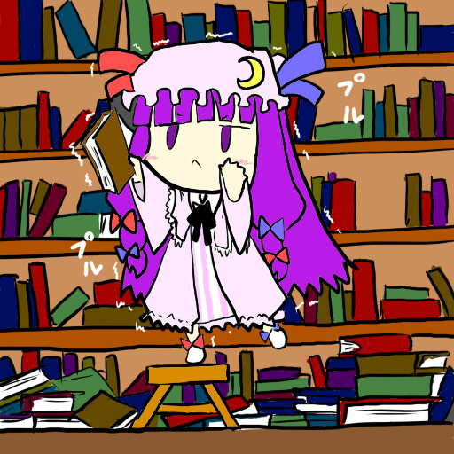 mori no kaeru, patchouli knowledge, touhou, 1girl, :<, book, chibi, crescent, female focus, hat, library, long hair, purple eyes, purple hair, ribbon, solo, voile