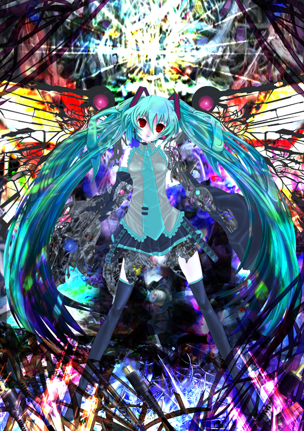 teruru, hatsune miku, vocaloid, bad id, bad pixiv id, boots, detached sleeves, green hair, long hair, necktie, red eyes, skirt, solo, thigh boots, thighhighs, twintails, very long hair
