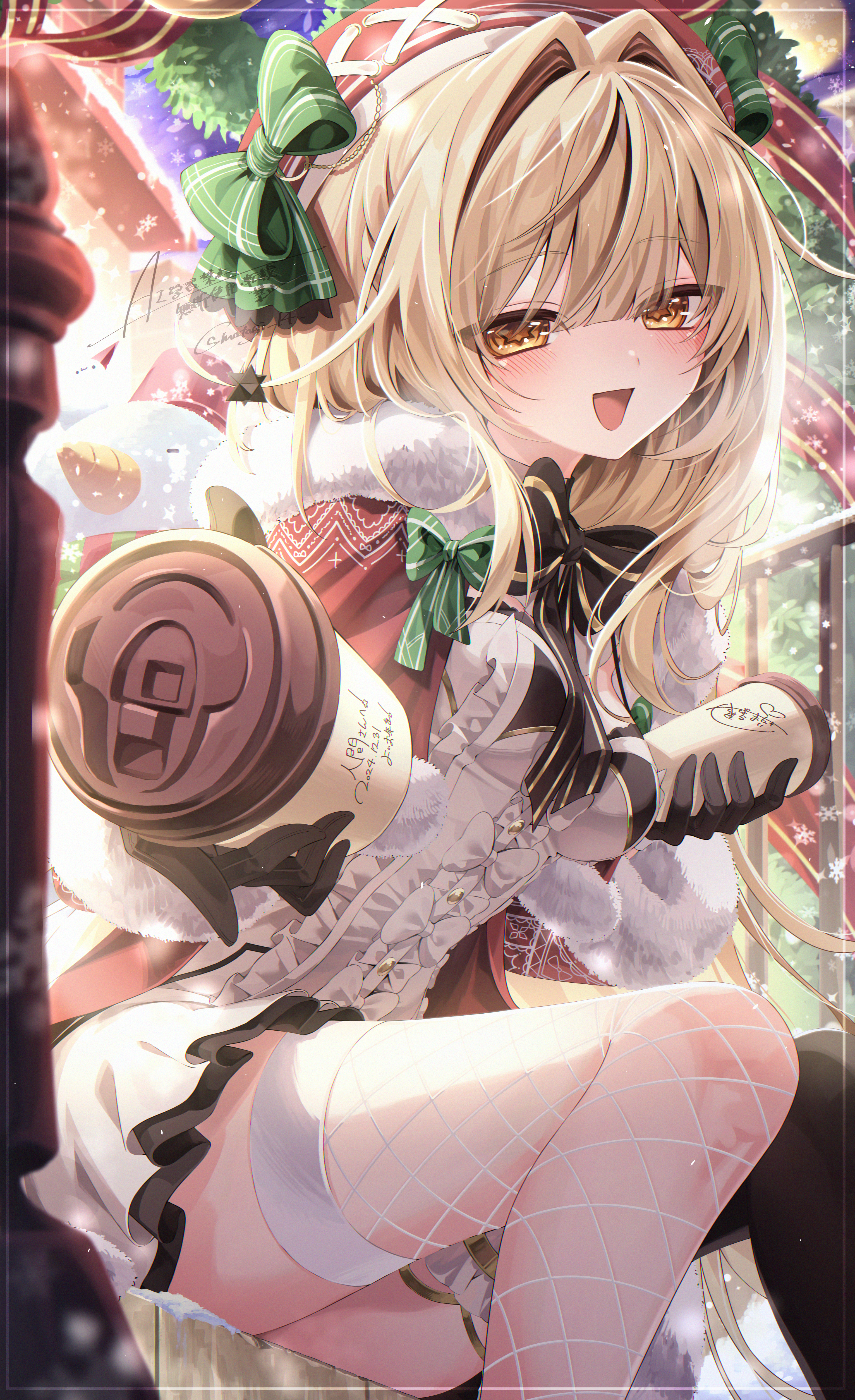 matagi 14, original, absurdres, commentary request, highres, 1girl, asymmetrical legwear, black bow, black gloves, black thighhighs, blonde hair, bow, breasts, cape, christmas, cup, disposable coffee cup, disposable cup, dress, feet out of frame, fishnet thighhighs, fishnets, frilled dress, frilled skirt, frills, fur-trimmed cape, fur trim, gloves, green bow, hair intakes, hat, holding, holding cup, incoming gift, long hair, looking at viewer, medium breasts, mismatched legwear, open mouth, outdoors, red cape, red hat, single fishnet legwear, single thighhigh, sitting, skirt, smile, snowman, solo, star-shaped pupils, star (symbol), symbol-shaped pupils, thighhighs, thighs, very long hair, white dress, white thighhighs, yellow eyes