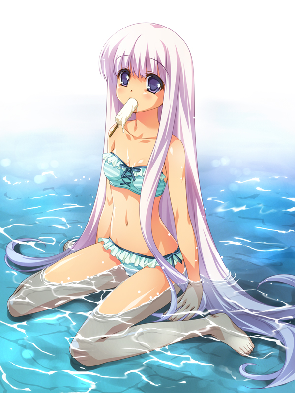yasaka minato, hal, original, light purple hair, 1girl, barefoot, bikini, female focus, food, long hair, mouth hold, navel, pink hair, popsicle, purple eyes, sexually suggestive, sitting, solo, strapless, strapless bikini, striped bikini, striped clothes, submerged, swimsuit, very long hair, wariza, water, wet