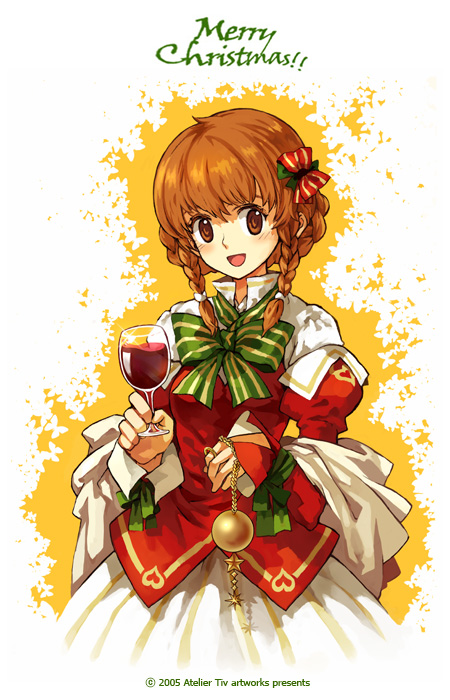 tiv, archived source, commentary, english commentary, 2005, :d, alternate costume, blush, bow, bowtie, braid, braided bun, braided sidelocks, breasts, brown eyes, bustier, christmas, collared shirt, cowboy shot, dated, dated commentary, etolie granche, green bow, green bowtie, green ribbon, hair bow, hair bun, hair tie, heart, heart print, high collar, juliet sleeves, long sidelocks, long sleeves, looking at viewer, medium breasts, merry christmas, open mouth, platonic supernova, print sleeves, puffy sleeves, red bow, red bustier, red sleeves, ribbon, shirt, short hair with long locks, sidelocks, simple background, single sleeve past wrist, skirt, smile, striped bow, striped bowtie, striped clothes, two-sided sleeves, very low bun, white shirt, white skirt, wrist ribbon