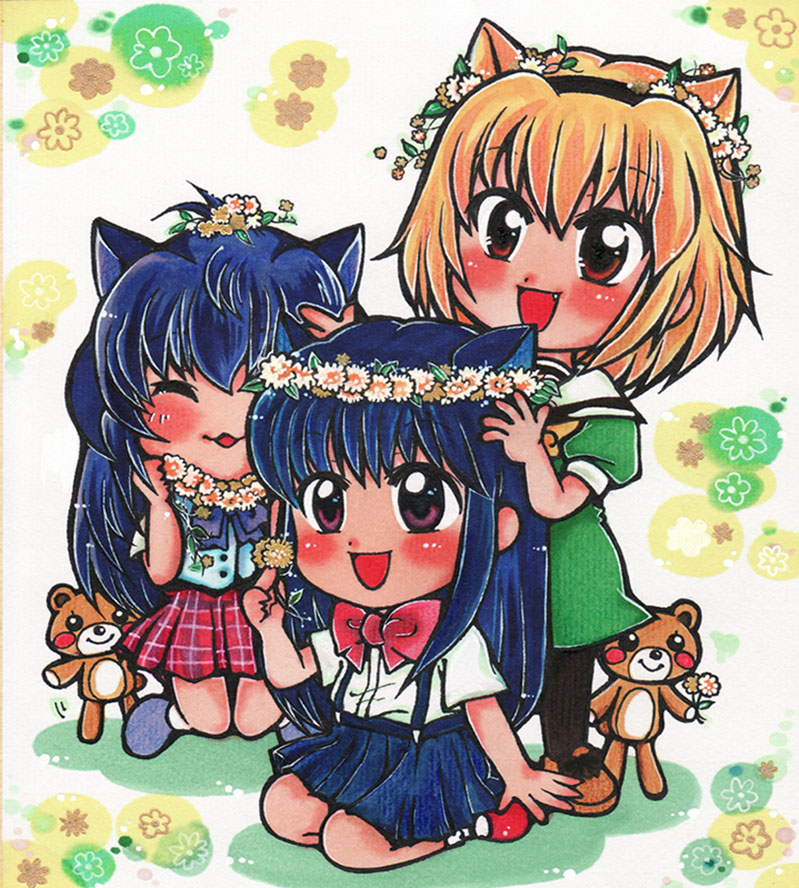 amano satomi, furude rika, hanyuu, houjou satoko, higurashi no naku koro ni, colored pencil (medium), marker (medium), millipen (medium), pen (medium), traditional media, 00s, 3girls, animal ears, blonde hair, blue hair, cat ears, chibi, fang, flower, hairband, horns, kemonomimi mode, long hair, multiple girls, pantyhose, purple eyes, red eyes, shikishi, short hair, stuffed animal, stuffed toy, teddy bear