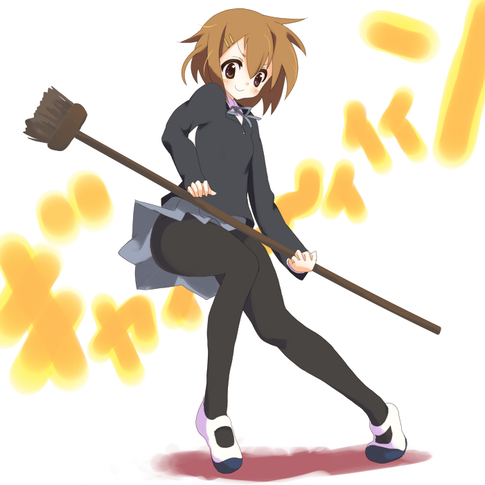 sora to umi, hirasawa yui, k-on!, 00s, 1girl, broom, female focus, full body, pantyhose, school uniform, shoes, solo, uwabaki