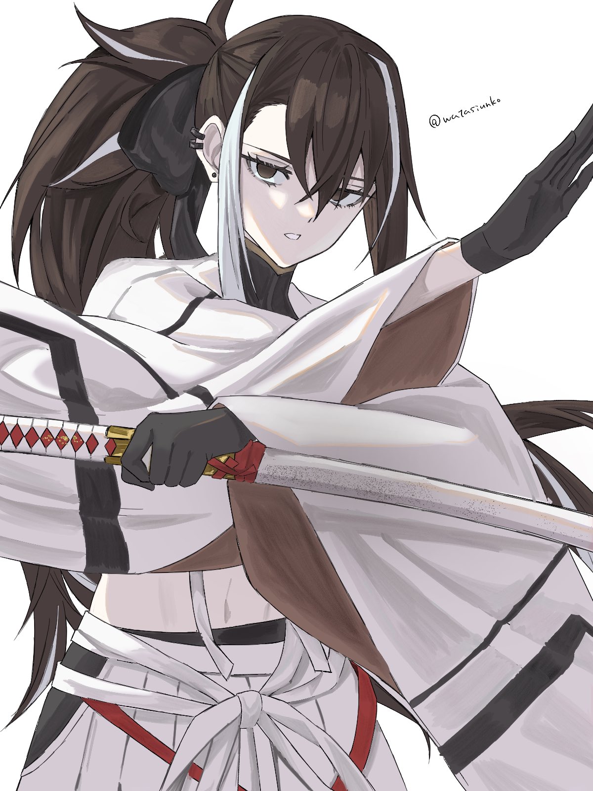 kawakami gensai (fate), kawakami gensai (third ascension) (fate), fate/grand order, fate (series), highres, 1girl, black bow, black eyes, black gloves, black hair, bow, gloves, hair bow, hakama, haori, holding, holding sword, holding weapon, japanese clothes, katana, multicolored hair, no tsuba, ponytail, sheath, sheathed, simple background, solo, streaked hair, sword, watasiunko, weapon, white background, white hair, white hakama, white haori