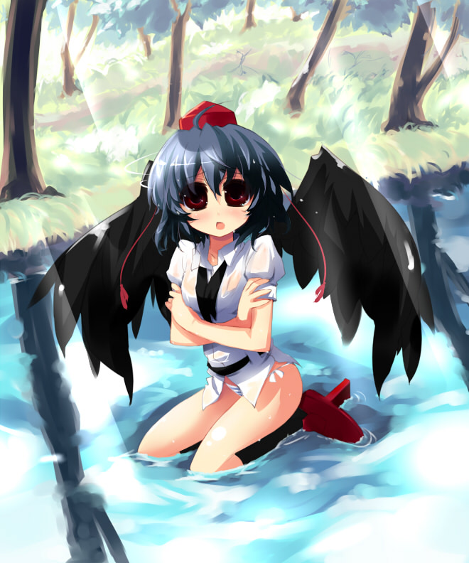 shin (new), shameimaru aya, touhou, 1girl, black hair, black wings, blush, bottomless, crossed arms, dress shirt, female focus, geta, hat, looking at viewer, no pants, open mouth, panties, partially submerged, red eyes, shirt, short hair, sitting, solo, striped clothes, striped panties, tengu-geta, tokin hat, underwear, water, wet, wet clothes, wet shirt, wings