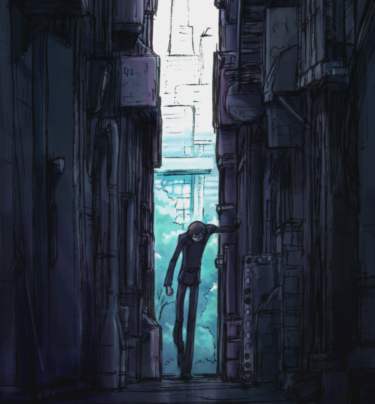 clamp, kimura takahiro, ookouchi ricca, lelouch vi britannia, code geass, anime screenshot, highres, official art, stitched, third-party edit, 00s, 1boy, alley, male focus, school uniform, solo