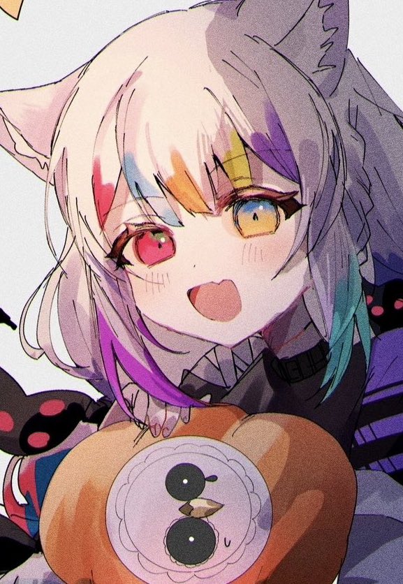jogasaki noah, mahou shoujo no majo saiban, commentary, commentary request, english commentary, mixed-language commentary, 1girl, :d, animal ears, cat ears, fang, gokuchou, grey background, harumaking, heterochromia, long hair, looking at viewer, multicolored hair, open mouth, pumpkin, red eyes, skin fang, smile, solo, streaked hair, upper body, white hair, yellow eyes