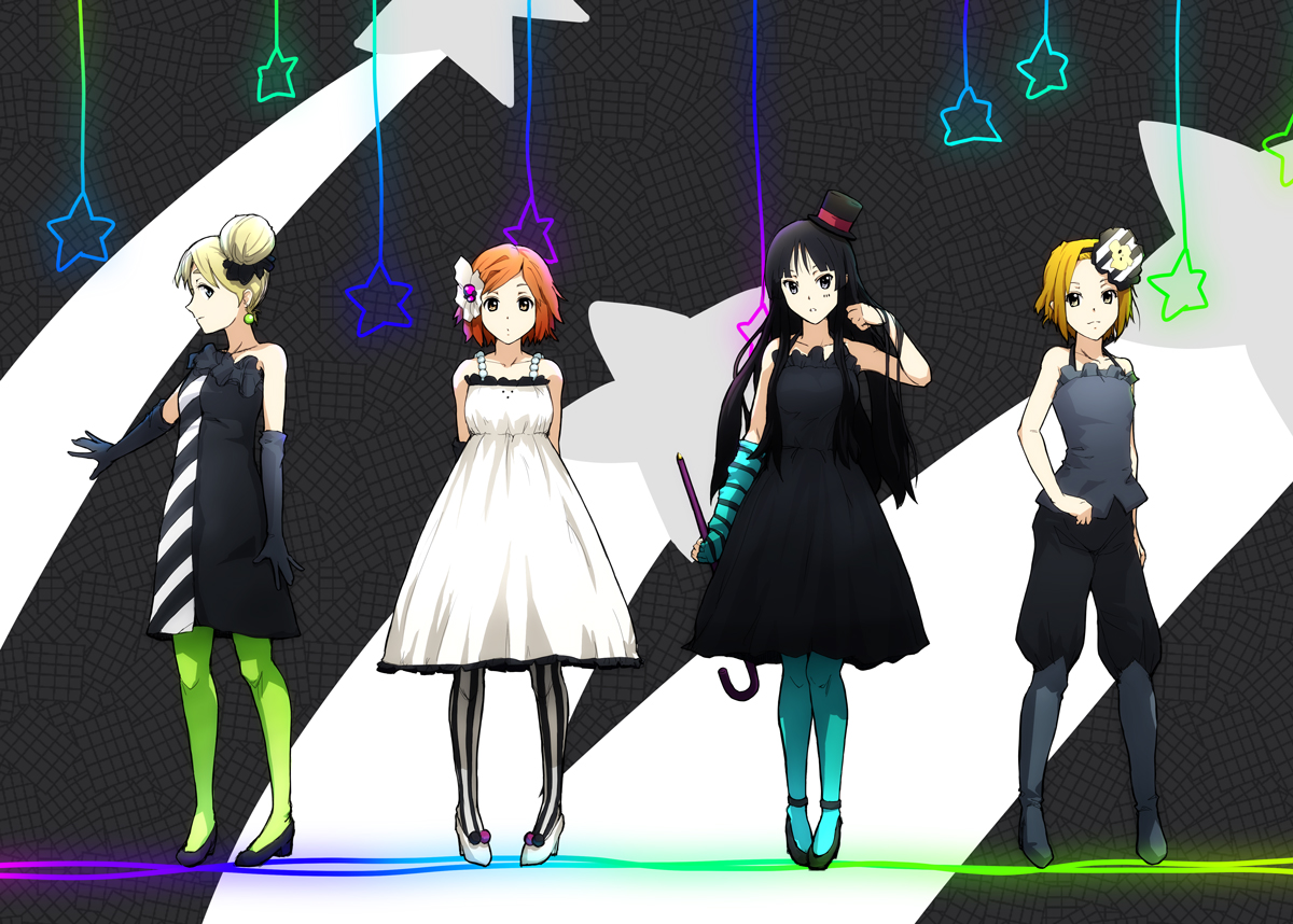 ai tama (pixiv), aidama (td1143), akiyama mio, hirasawa yui, kotobuki tsumugi, tainaka ritsu, don't say "lazy", k-on!, striped legwear, vertical-striped legwear, 00s, 4girls, blue pantyhose, dress, gothic lolita, green pantyhose, hat, ho-kago tea time, lolita fashion, mini hat, mini top hat, multiple girls, pantyhose, striped clothes, striped pantyhose, top hat, vertical-striped clothes, vertical-striped pantyhose