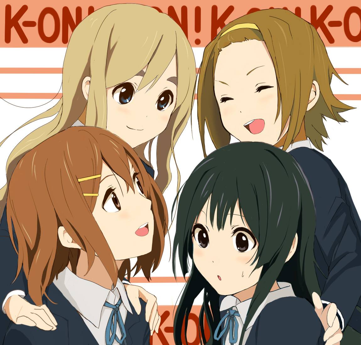 kurohachimitsu, akiyama mio, hirasawa yui, kotobuki tsumugi, tainaka ritsu, k-on!, bad id, bad pixiv id, 00s, 4girls, black eyes, black hair, blonde hair, blue eyes, brown eyes, brown hair, closed eyes, ho-kago tea time, long hair, multiple girls, school uniform, short hair