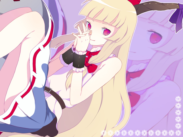 harano, ibuki suika, touhou, 1girl, blonde hair, cuffs, female focus, horns, long hair, own hands clasped, own hands together, red eyes, solo, zoom layer