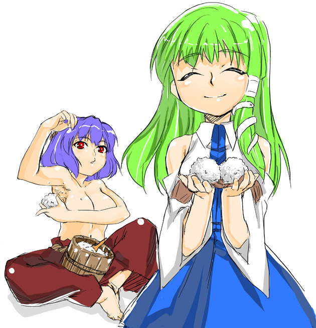 meshiya, kochiya sanae, yasaka kanako, touhou, 2girls, armpit onigiri, armpits, bad food, barefoot, breasts, bucket, censored, closed eyes, convenient censoring, female focus, food, green hair, hair ornament, hair tubes, large breasts, medium breasts, multiple girls, ohitsu, onigiri, purple hair, red eyes, rice, shamoji, sitting, snake hair ornament, topless female