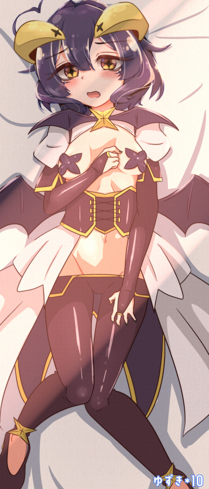 yuzukiaz, hiiragi utena, magia baiser, mahou shoujo ni akogarete, 1girl, antenna hair, bat wings, blush, breasts, cape, curled horns, elbow gloves, embarrassed, eyelashes, female focus, fingerless gloves, full body, gloves, hand on own chest, hand on own leg, horns, looking at viewer, lowleg, lowleg pants, lying, magical girl, medium hair, navel, on back, open mouth, pants, pasties, petite, purple gloves, purple hair, purple pants, purple sash, sash, shrug (clothing), small breasts, solo, star-shaped pupils, star (symbol), symbol-shaped pupils, two-tone sash, waist cape, white cape, white shrug, wings, yellow eyes, yellow sash