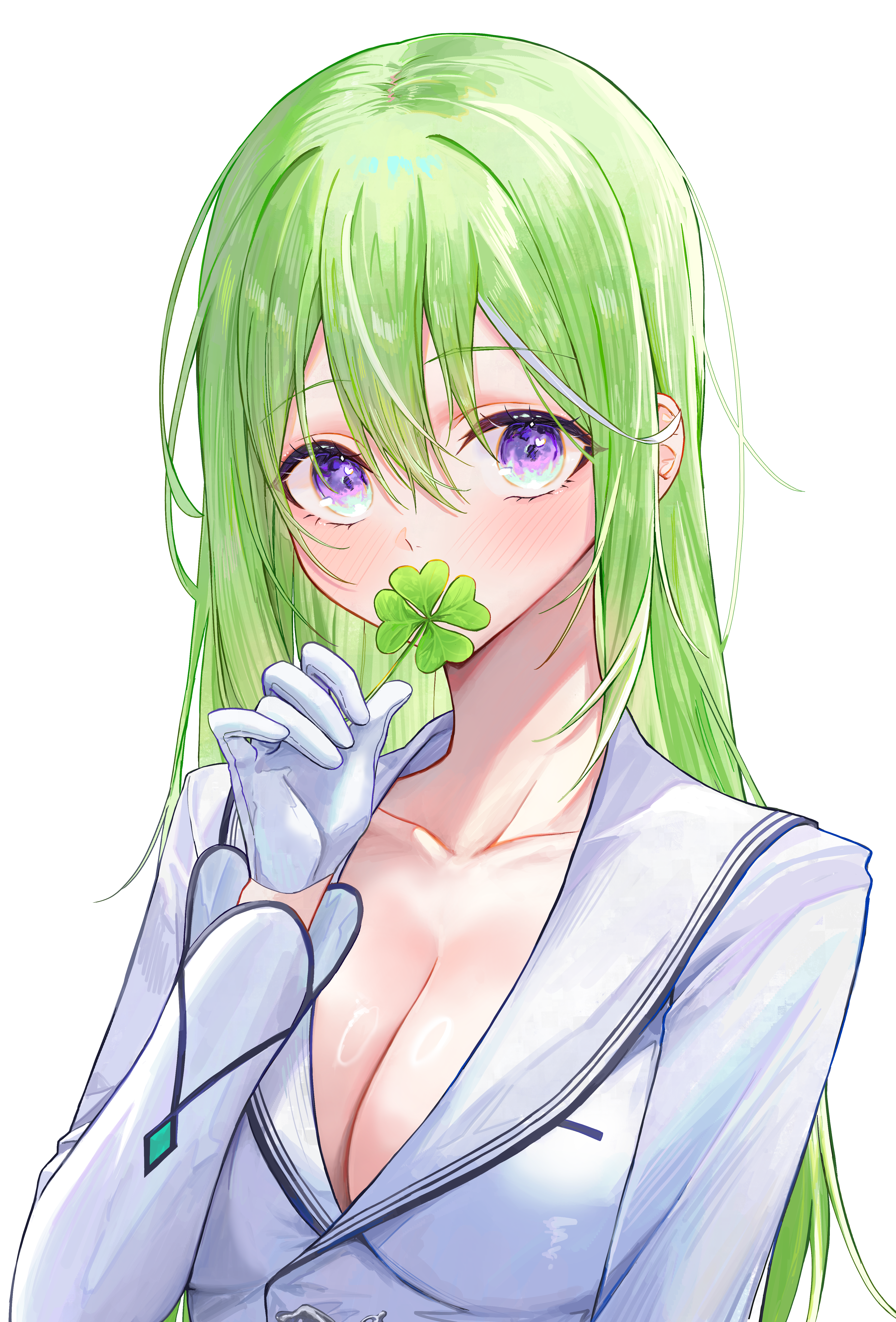 kaze 22, yuzuha riko, stellive, absurdres, commentary, highres, korean commentary, 1girl, blush, breasts, cleavage, clover, collarbone, four-leaf clover, gloves, green hair, hair between eyes, holding, holding clover, large breasts, long bangs, long hair, long sleeves, looking at viewer, purple eyes, shirt, simple background, solo, straight hair, upper body, virtual youtuber, white background, white gloves, white shirt