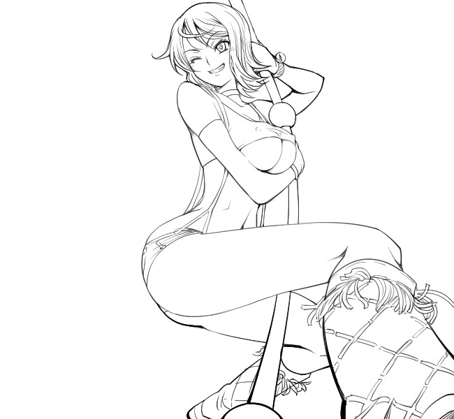 hairu, nami (one piece), one piece, 1girl, ass, bare legs, boots, breasts, choker, clima-tact, female focus, greyscale, grin, log pose, midriff, monochrome, one eye closed, pole, short shorts, shorts, smile, solo, suspenders, underboob, wink