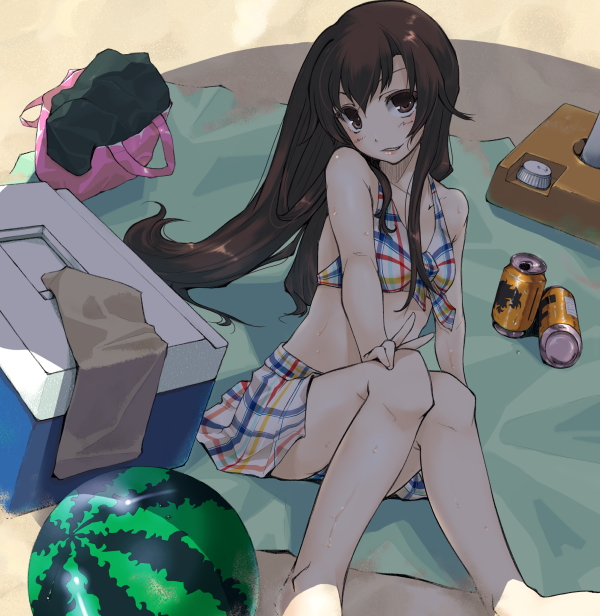tamaki fuyu, original, plaid, 1girl, bag, barefoot, beach, beach umbrella, bikini, bikini skirt, brown eyes, brown hair, can, cooler, female focus, food, fruit, long hair, shade, shadow, sitting, skirt, smile, solo, staring, swimsuit, towel, umbrella, v, watermelon
