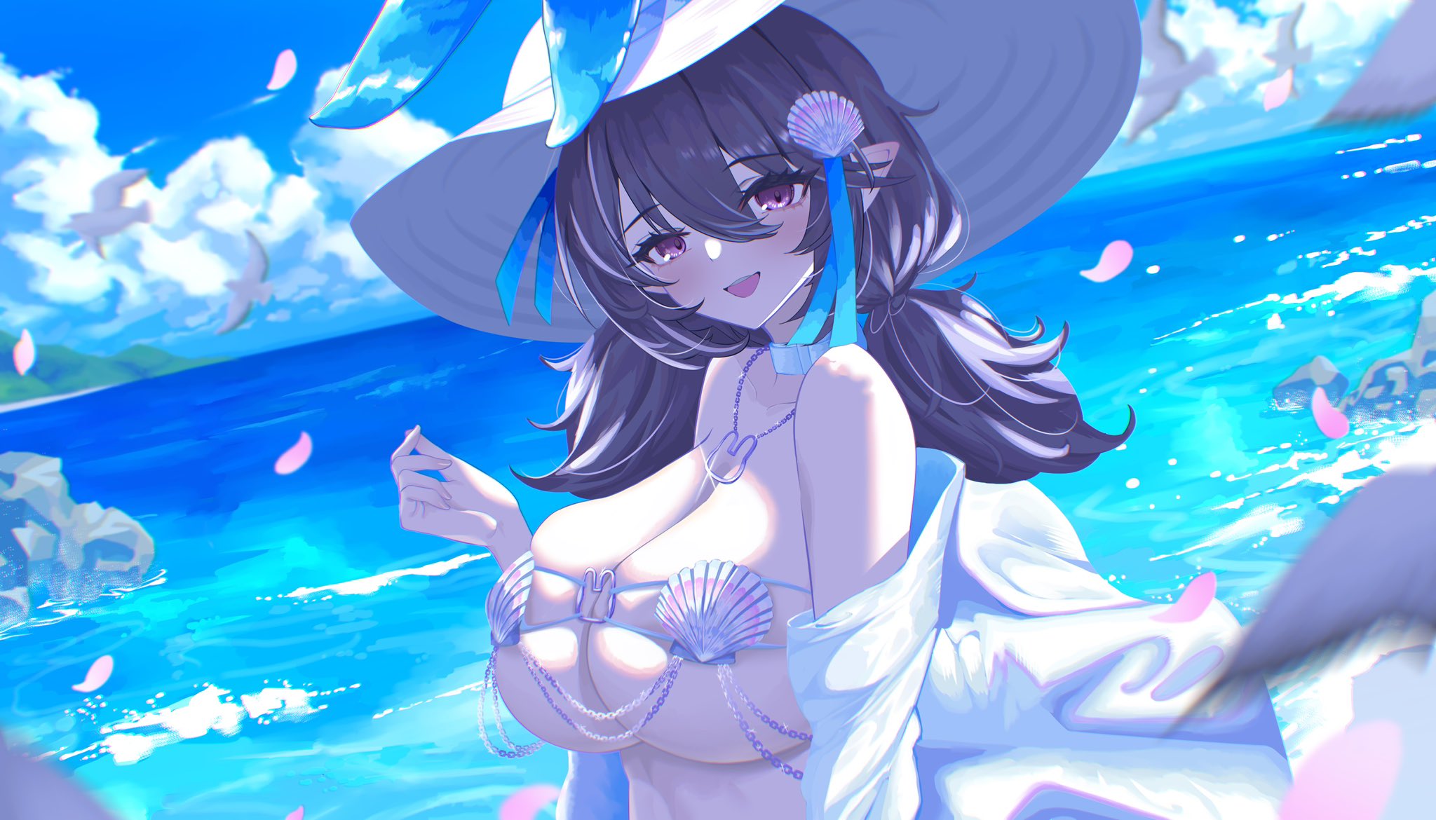 megumi kei, loen (brown dust 2), brown dust (series), brown dust 2, highres, 1girl, bikini, bird, blush, breasts, cleavage, eyebrows hidden by hair, from side, hair between eyes, hat, jacket, large breasts, looking at viewer, medium hair, ocean, open mouth, pointy ears, purple eyes, purple hair, seagull, shell, shell bikini, short twintails, skindentation, smile, solo, sun hat, swimsuit, teeth, twintails, upper teeth only, white hat, white jacket