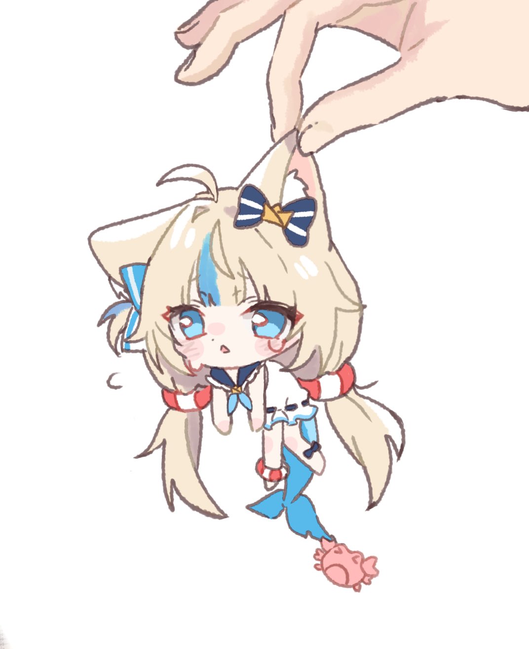 kaniki (sameko saba), sameko saba, indie virtual youtuber, commentary, hashtag-only commentary, highres, 1girl, ahoge, animal ear fluff, animal ears, blonde hair, blue eyes, blue hair, cat ears, chibi, dress, fins, fish girl, fish tail, long hair, mini person, minigirl, moka (mokas21004), multicolored hair, solo focus, streaked hair, tail, twintails, very long hair, virtual youtuber, white dress