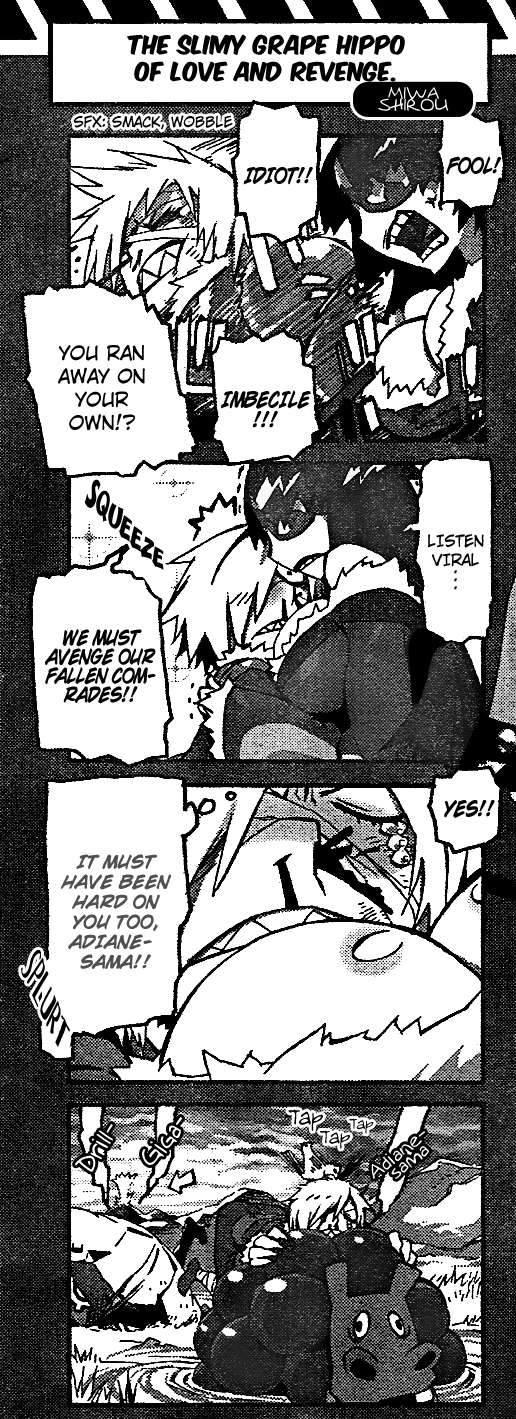 miwa shirow, adiane, viral (ttgl), tengen toppa gurren lagann, hard-translated, highres, long image, scan, scan artifacts, tall image, third-party edit, translated, 00s, 4koma, comic, english text, greyscale, monochrome