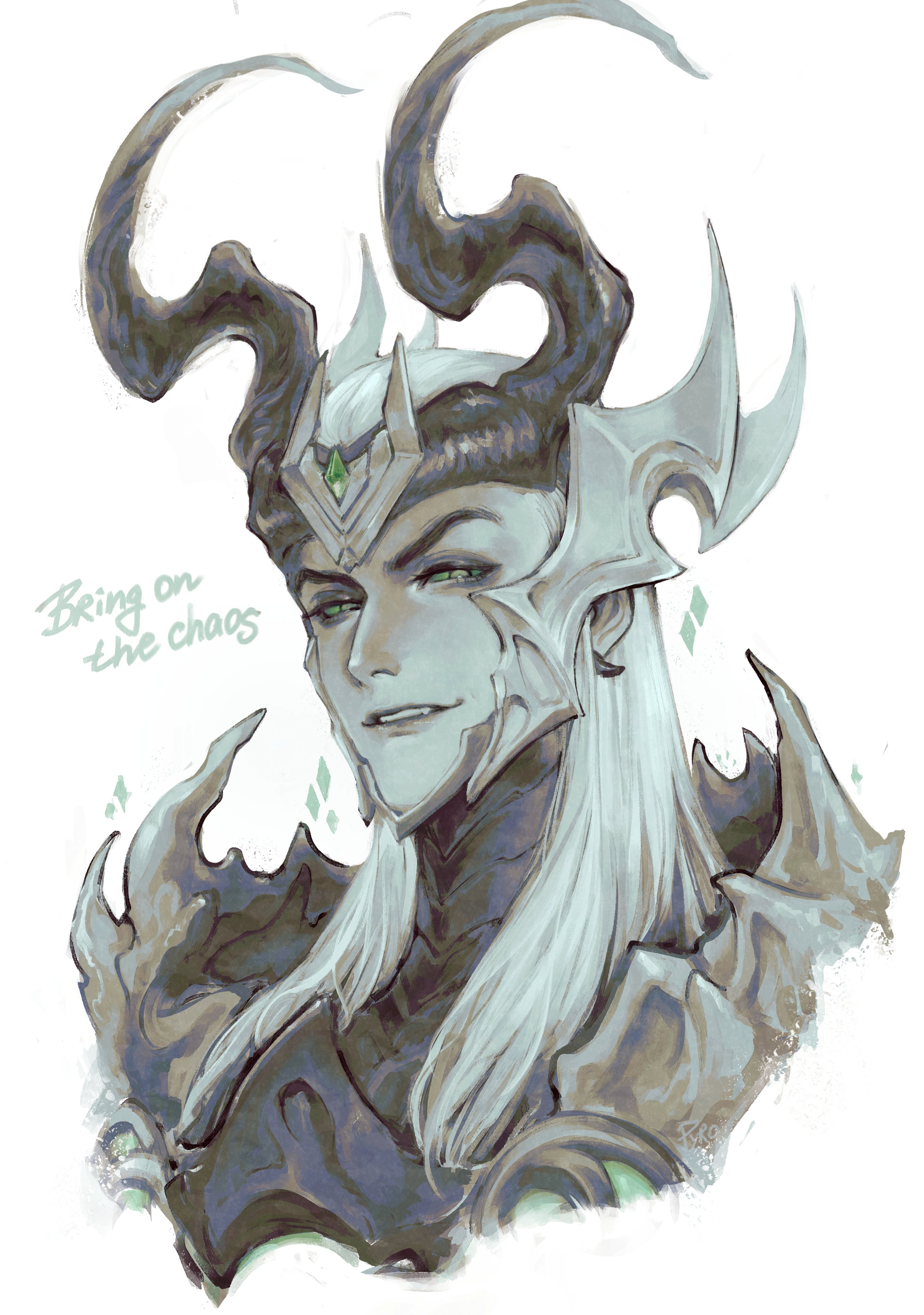 loki (marvel), marvel, marvel rivals, thor (marvel) (series), absurdres, hashtag-only commentary, highres, 1boy, armor, colored sclera, earrings, english text, fake horns, gem, green eyes, green gemstone, green sclera, grin, hair slicked back, horned headwear, horns, jewelry, long hair, looking to the side, male focus, official alternate costume, portrait, pyroronchin0, smile, solo, white background, white hair