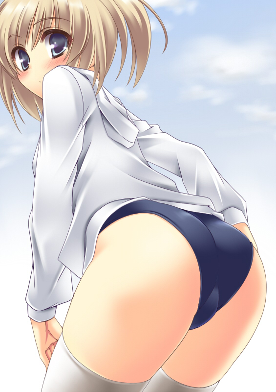 nanashi (soregashi), original, ass, bent over, blonde hair, blue eyes, blush, buruma, gym uniform, hood, hoodie, looking at viewer, looking back, short hair, solo, thighhighs