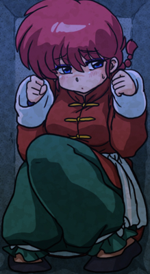 wanta (futoshi), ranma-chan, ranma 1/2, lowres, 1girl, blue eyes, blush, braid, braided ponytail, breasts, chinese clothes, hair between eyes, red hair, sad, solo, tangzhuang, trapped