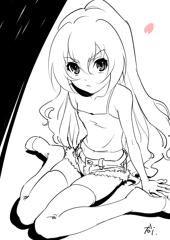 suna (sandworks), aisaka taiga, toradora!, 00s, denim, denim shorts, greyscale, long hair, monochrome, shorts, solo, thighhighs