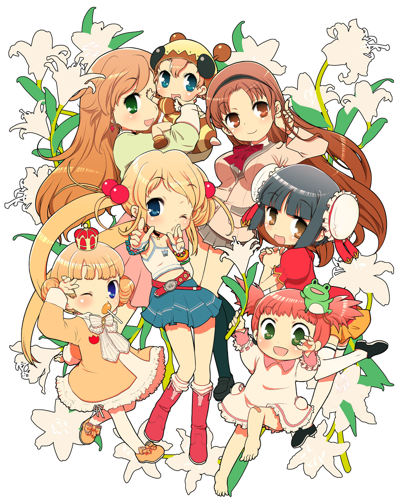 okome (ricecandy), ricecandy, amatsuka asahi, amatsuka hikaru, amatsuka mari, amatsuka miharu, amatsuka rikka, amatsuka seika, amatsuka sora, baby princess, bad id, bad pixiv id, highres, 10s, 6+girls, barefoot, blonde hair, blue eyes, boots, child, china dress, chinese clothes, crown, dress, female focus, flower, green eyes, long hair, multiple girls, skirt, twintails