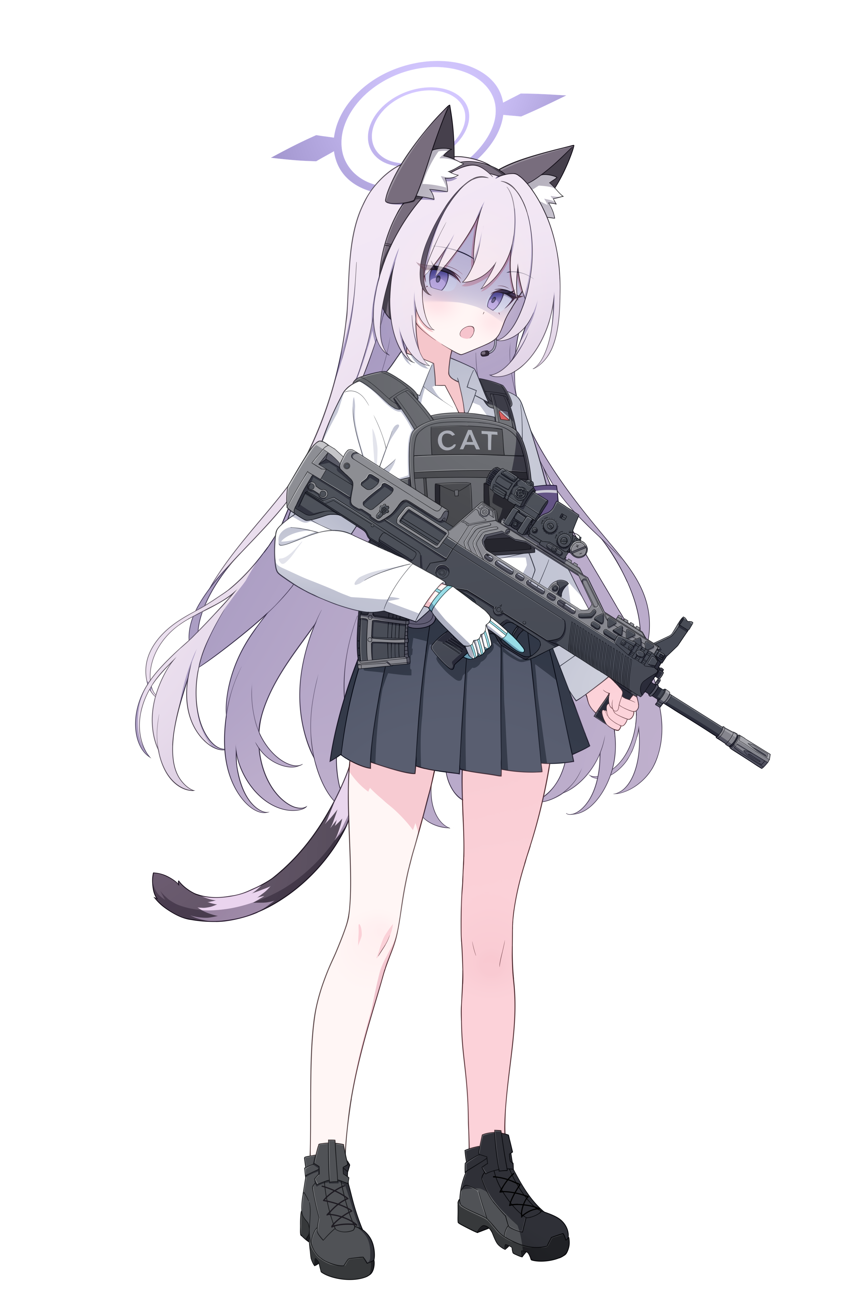 jyt, blue archive, original, absurdres, highres, large variant set, variant set, 1girl, animal ear fluff, animal ear headphones, animal ears, assault rifle, black shoes, black skirt, black tail, blush, bulletproof vest, bullpup, cat ear headphones, cat ears, cat tail, collared shirt, fake animal ears, full body, gloves, gun, halo, headphones, headset, holding, holding gun, holding weapon, long hair, long sleeves, looking at viewer, open mouth, pleated skirt, purple eyes, purple hair, purple halo, purple tail, qbz-95, rifle, school uniform, shaded face, shirt, shoes, sidelocks, simple background, single glove, skirt, solo, standing, tachi-e, tactical school uniform, tail, transparent background, two-tone tail, weapon, white gloves, white shirt